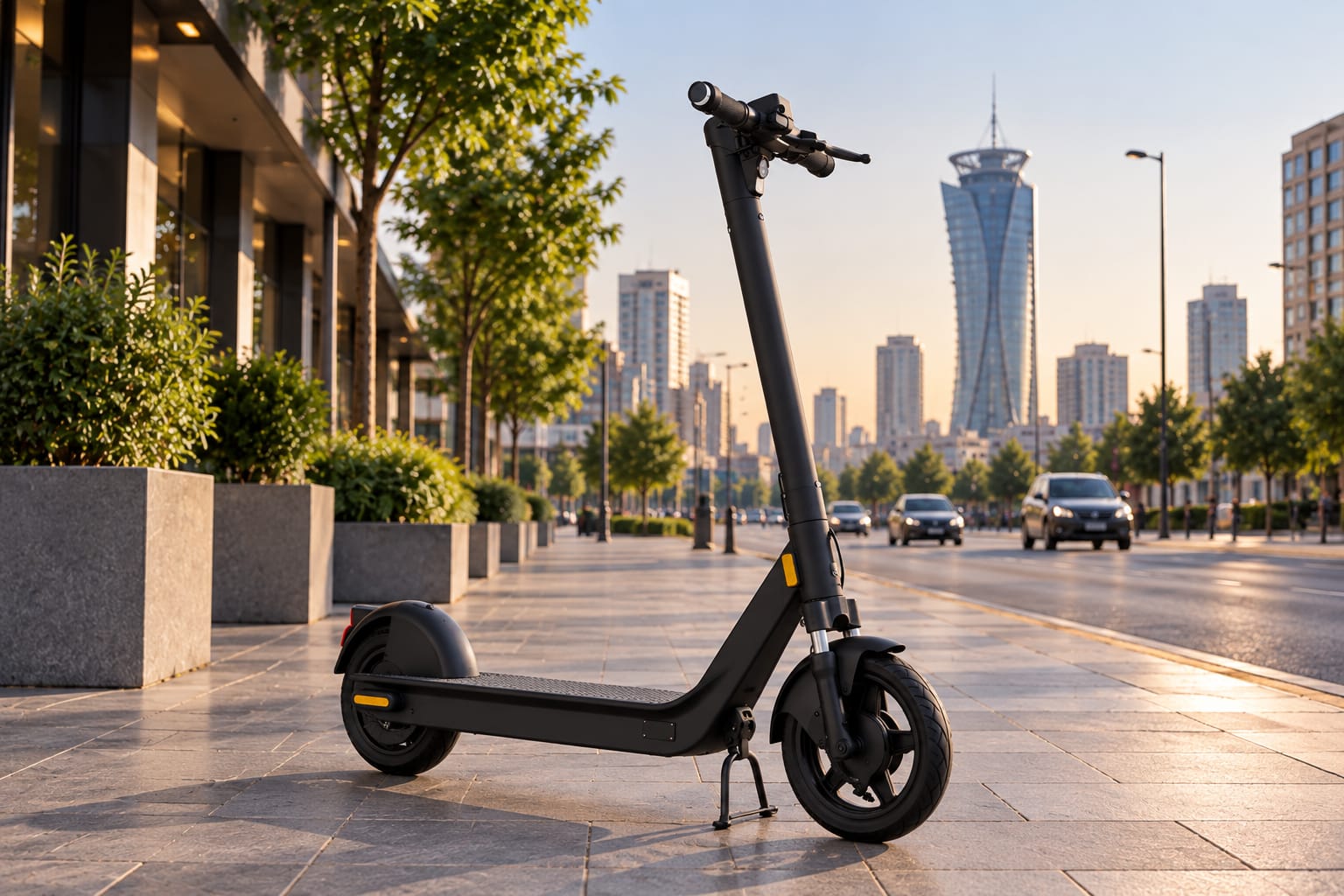 A shared electric scooter standing on its kickstand on a wide city pavement beside a main road.