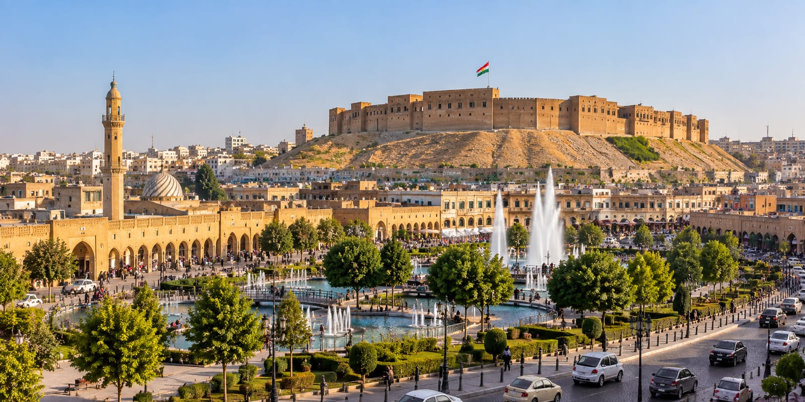 Central Erbil seen from above, with the citadel on its mound behind the fountains of the main square.