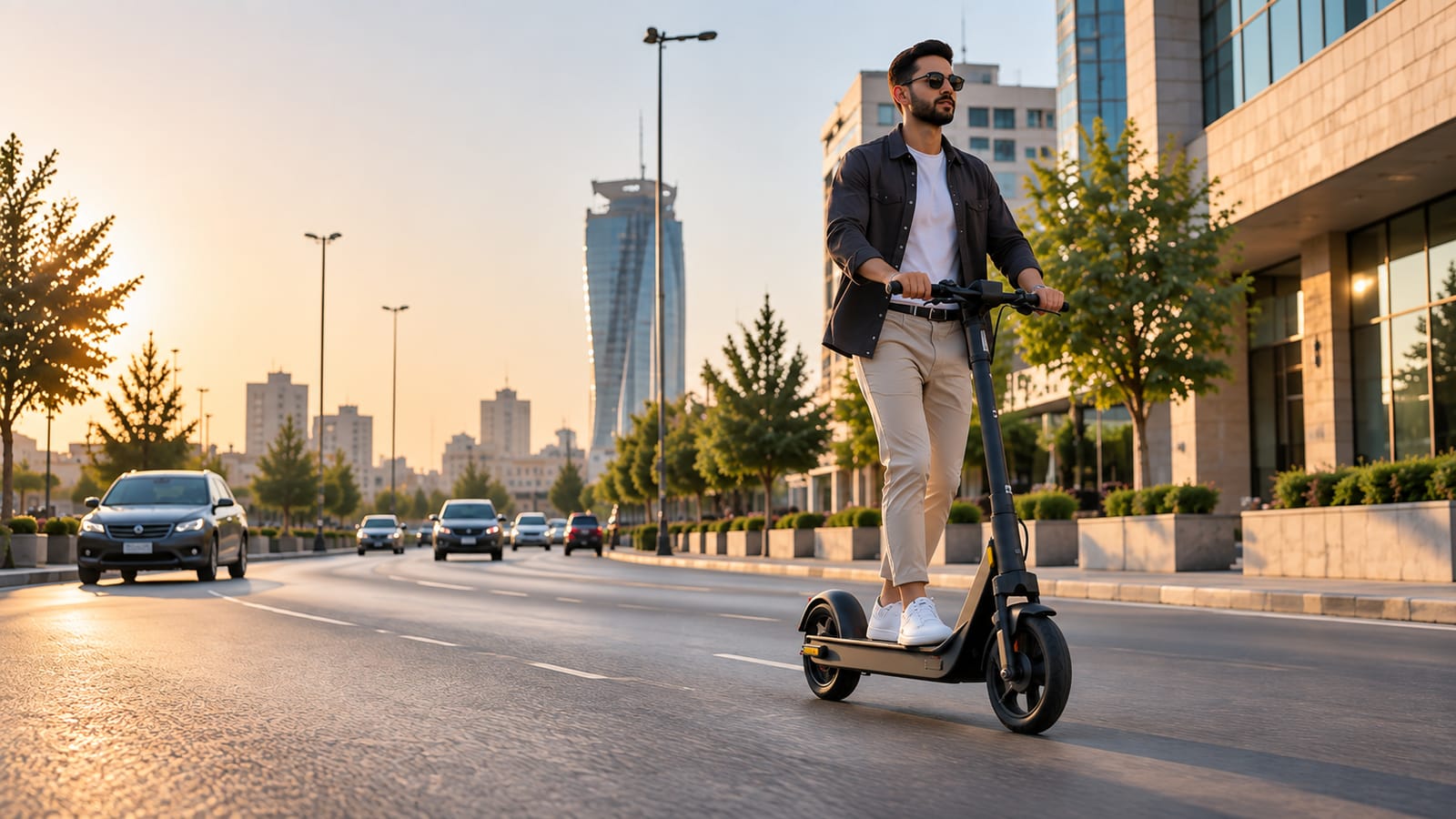 A rider on a shared electric scooter in a city street in late-afternoon light, with traffic alongside.