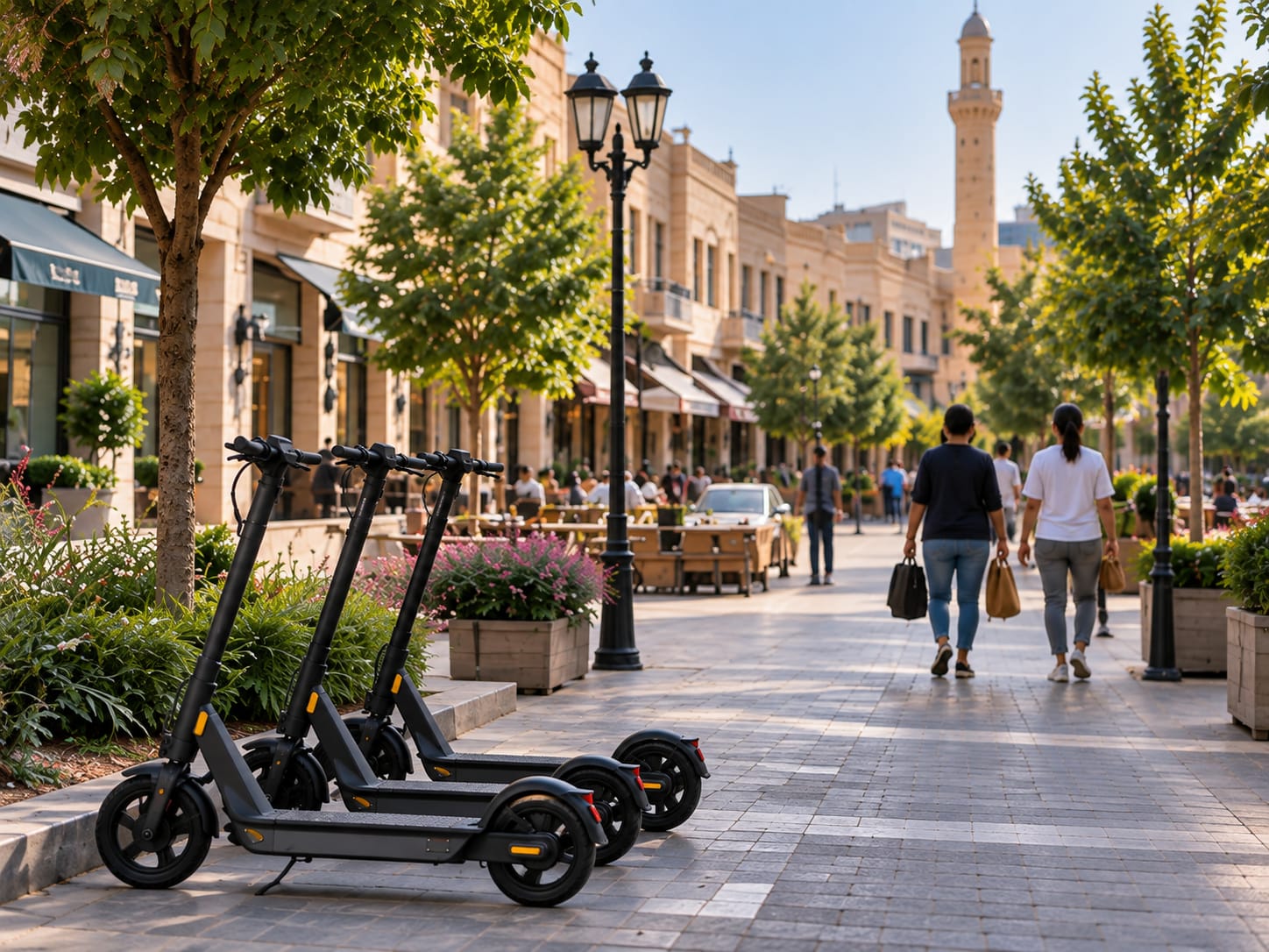 Shared electric scooters parked in an orderly group on a shopping street, with people walking past.