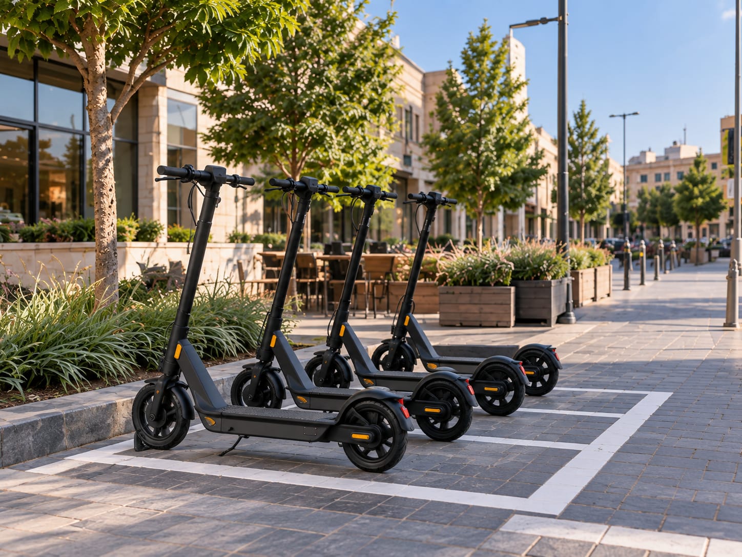 Four shared electric scooters parked upright inside a marked parking bay, leaving the pavement clear.