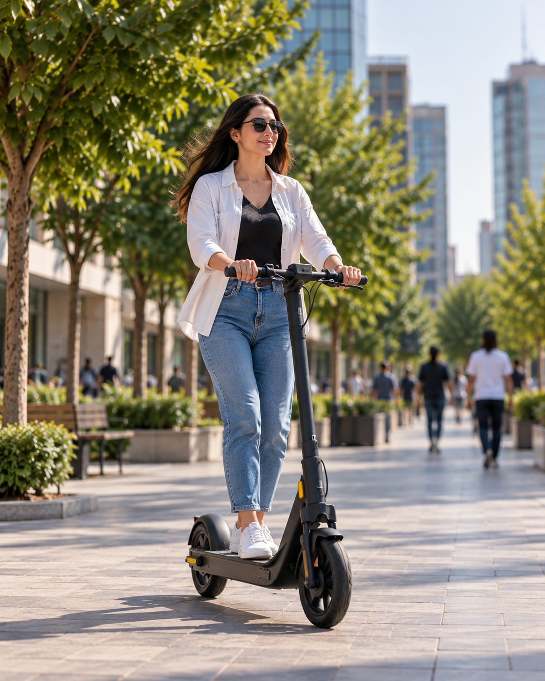 A rider travelling at a steady pace on a shared electric scooter along a tree-lined city promenade.